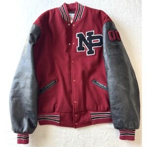 Vintage Varsity Letterman Jacket Size XL Red Wool and Black Leather Sleeves Meca